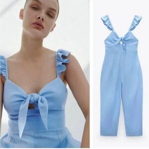 Zara blue jumpsuit sleeveless with tie front and flutter ruffle sleeve